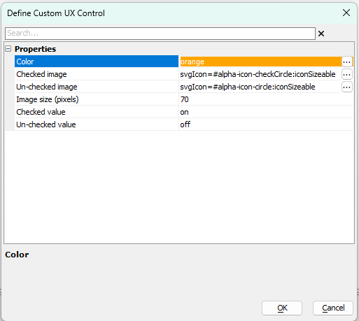 The properties dialog for configuring the LogicalCheckBox custom UI
